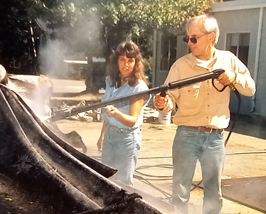 Dr. Thomas French, of the Massachusetts Division of Fish and Wildlife, and Ms. Chupasko power washing a Sperm Whale skull